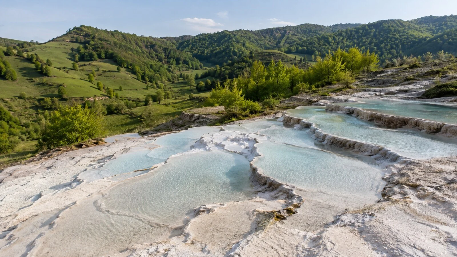 Akkaya Travertenleri'nin beyaz basamakları ve yeşil Bolu tepeleri