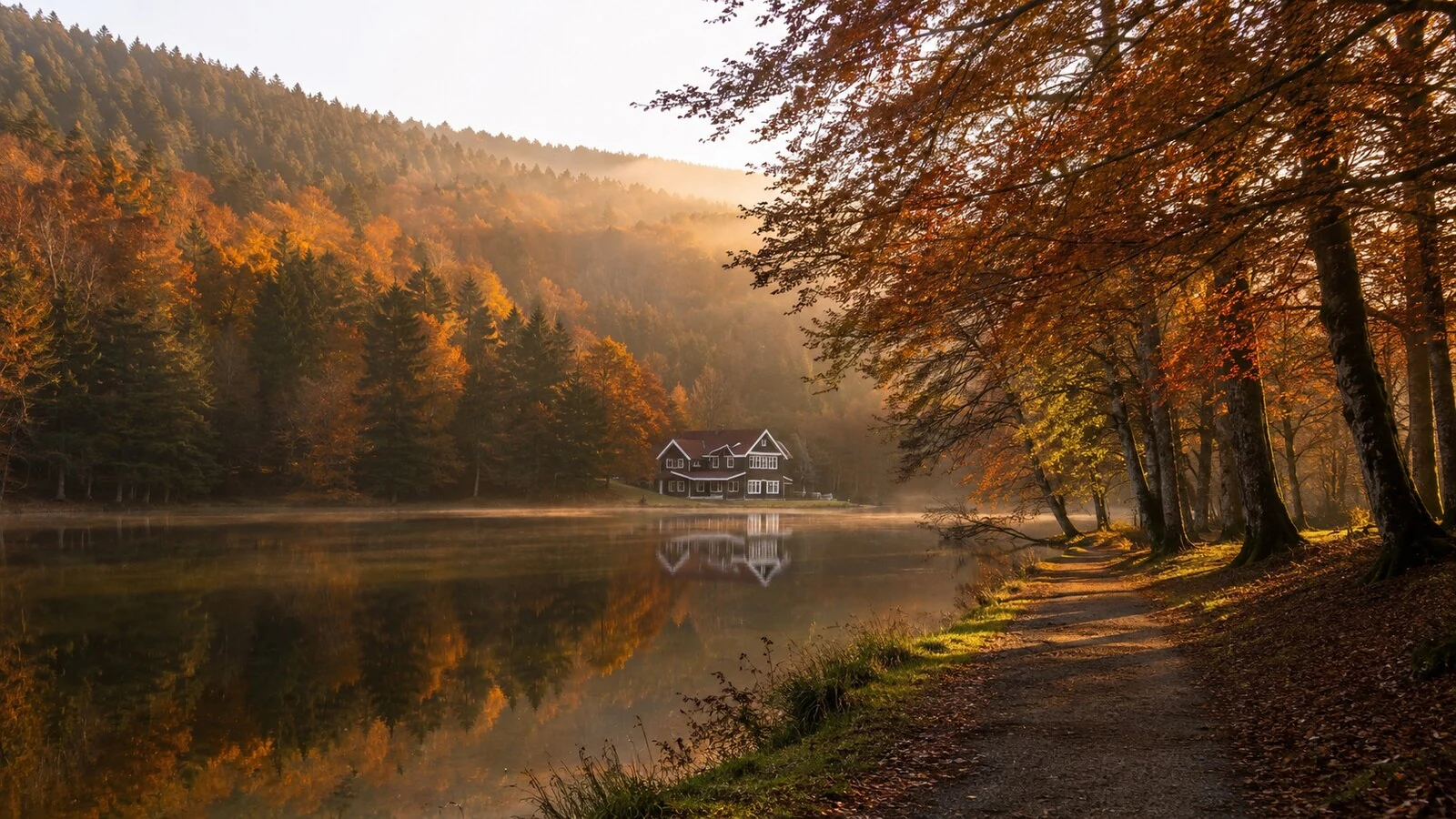 Gölcük Tabiat Parkı, göl kıyısındaki konukevi ve sonbahar ormanı