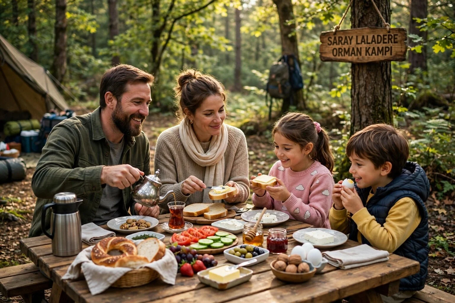 Sonbahar ormanında ailece kurulan kahvaltı sofrası